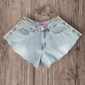 Edikted Light Blue Koi Flared Denim Shorts High Rise Raw Hem Size Small